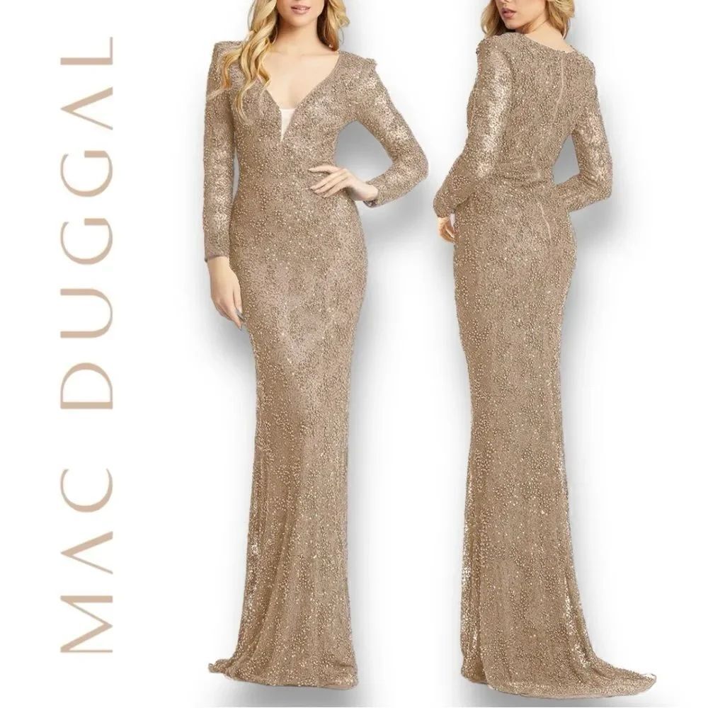 MAC DUGGAL Women’s Beaded Illusion Plunge Neck Long Sleeve Gown in the Size 8
